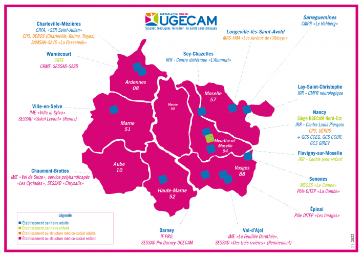 Carte de la région Nord-Est avec l'emplacement des 32 établissements et structures de l'UGECAM Nord-Est