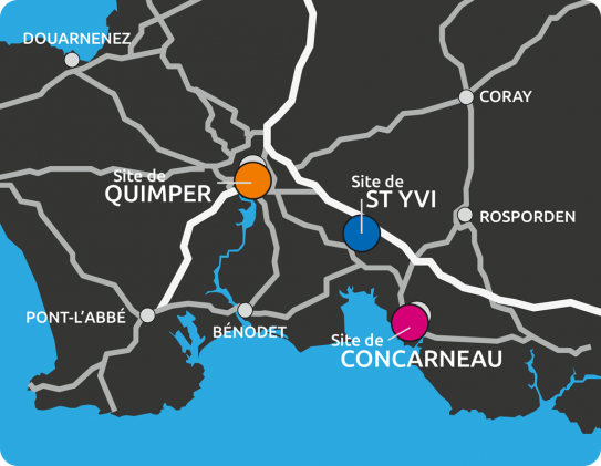 Carte des sites du Pôle de Réadaptation de Cornouaille : Quimper, Saint Yvi et Concarneau