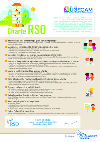 Charte RSO (Responsabilité Sociétale des Organisations) du Groupe UGECAM, qui fait partie de l'Assurance Maladie. Voici un résumé des éléments clés de cette charte :      Titre principal : "Charte RSO"      Logos : En haut à droite, il y a le logo du Groupe UGECAM et, en bas, le logo de l'Assurance Maladie.      Illustration principale : En haut à gauche, il y a une illustration d’un bâtiment vertical avec plusieurs personnages dans les étages, symbolisant une organisation qui met en avant les personnes. O